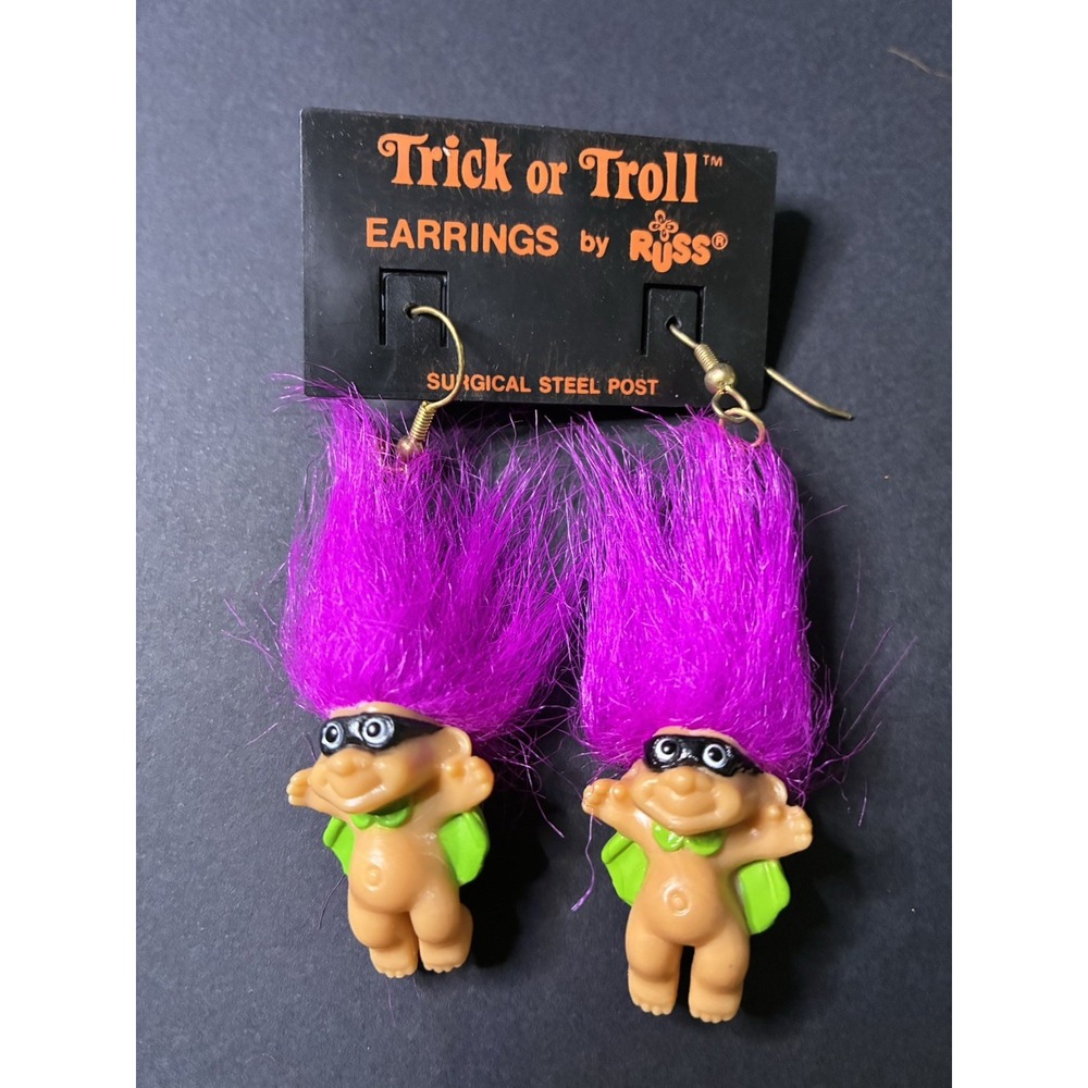 VTG Halloween Troll Doll Earrings RUSS Cape Mask Hero Pierced Dangle y2k